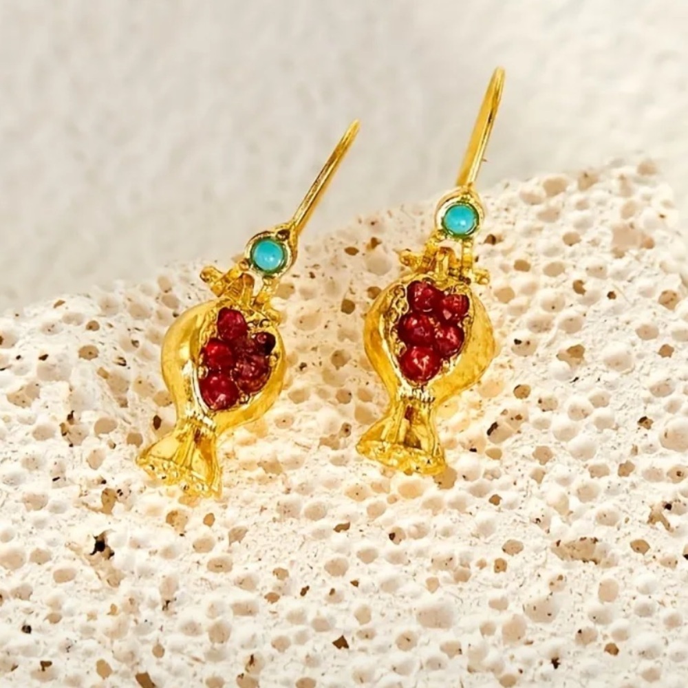 Bohemian Gold and Red pomegranate Earrings - Picture 4 of 4